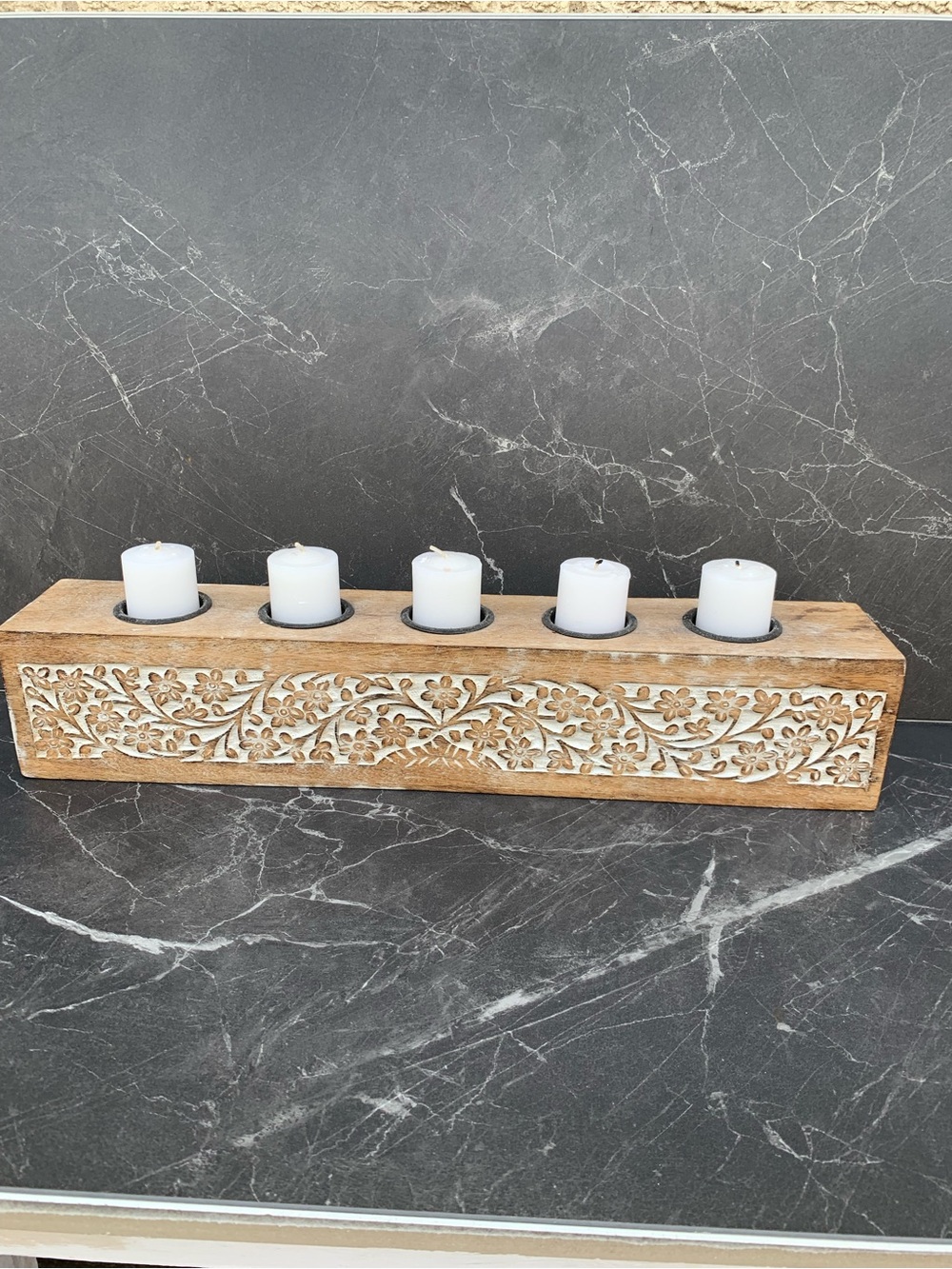 Wooden Floral Tealight Candle Holder - White Wash Finish